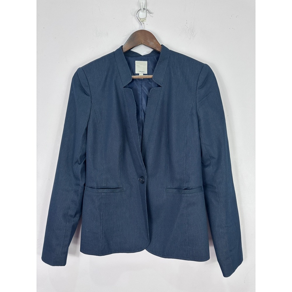 Halogen Blazer Womens 6 Navy Blue Pinstripe Single Button Notched Collar Career